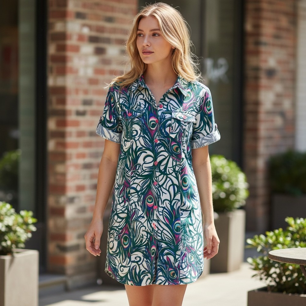 Lilly‎ Pulitzer Womens 2 Peacock Feather Print Shift Dress Green Pink White